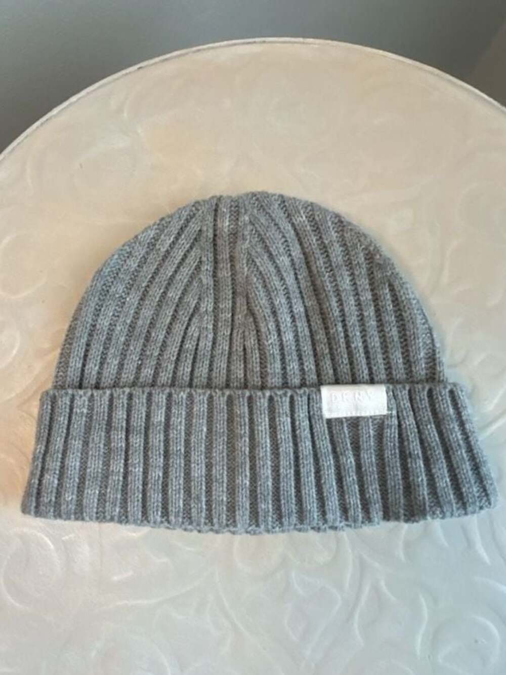 DKNY Gray Ribbed Knit Fold-Over Beanie